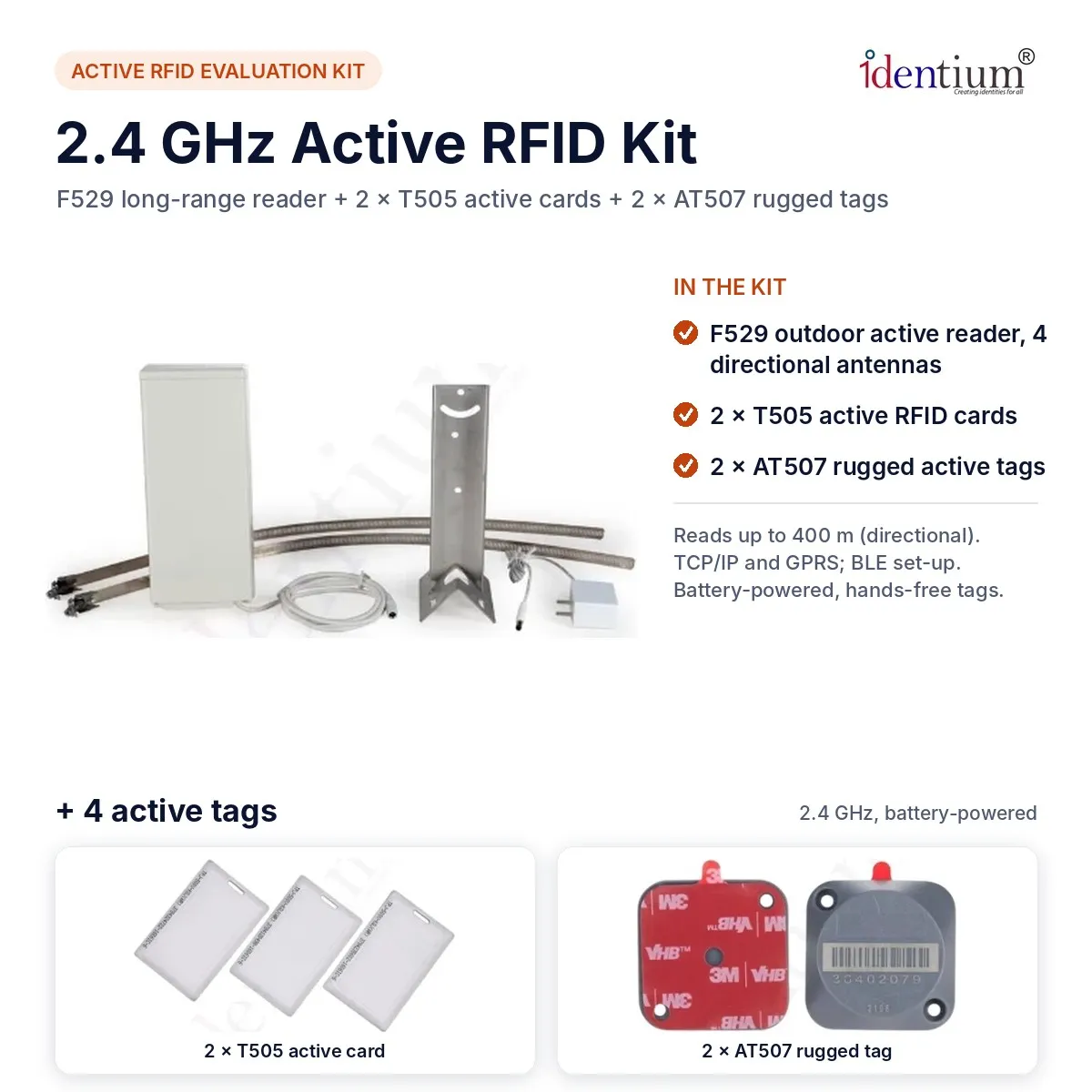 2.4 GHz Active RFID Evaluation Kit – F529 Reader + 2 T505 Cards + 2 AT507 Tags