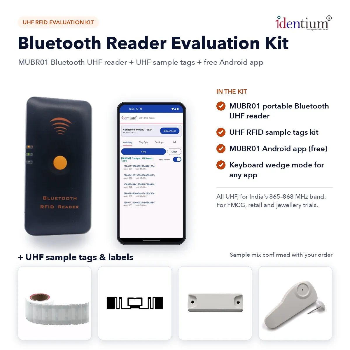 RFID Bluetooth Reader Evaluation Kit – MUBR01 UHF + Sample Tags