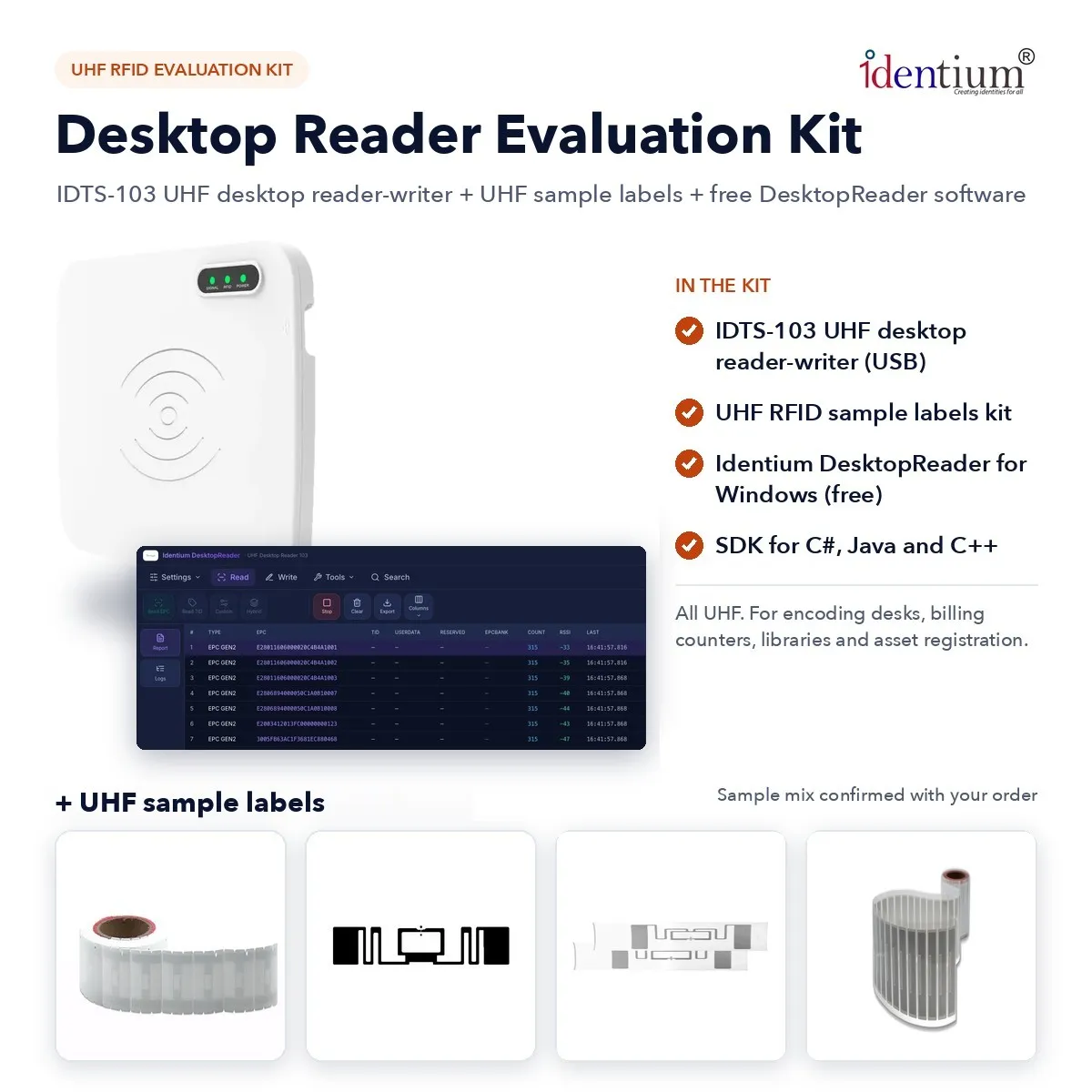 RFID Desktop Reader Evaluation Kit – 103 UHF Reader-Writer + Sample Labels