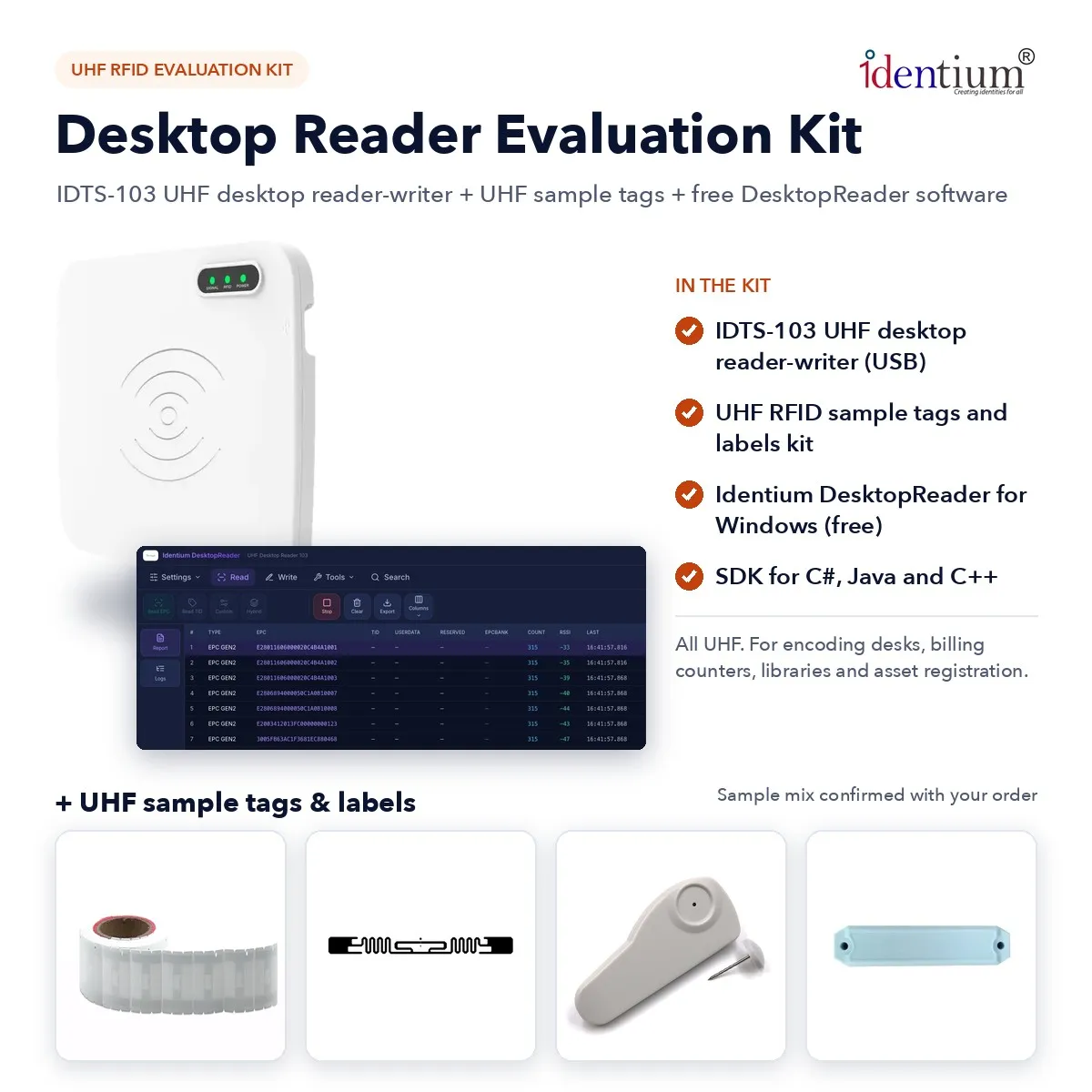 RFID Desktop Reader Evaluation Kit – 103 UHF Reader-Writer + Sample Tags