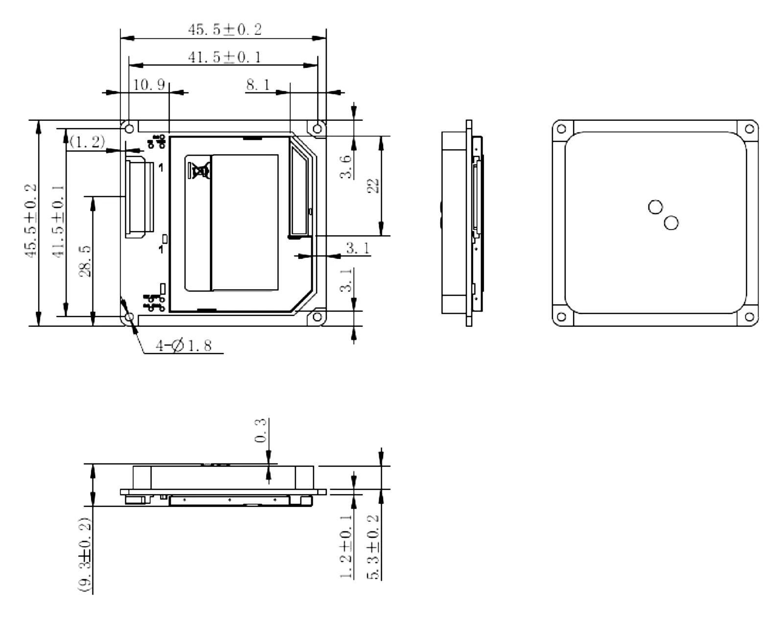 UHF RFID Module with Integrated Ceramic Antenna ID-UM01 (E310, UART): specification drawing (45.5 × 45.5 × 9.3 mm)