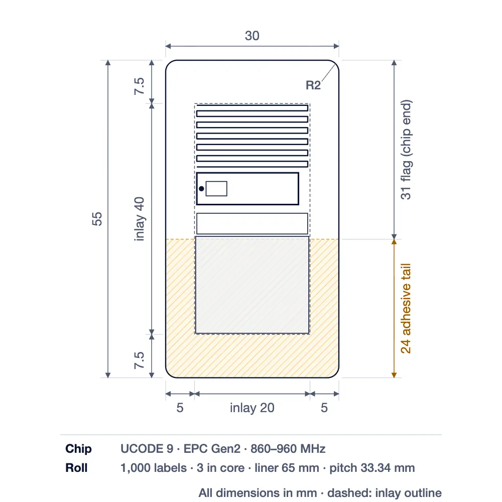 UHF RFID Medical Flag Label IDTS-MFL5530 (55 × 30 mm, UCODE 9): specification drawing