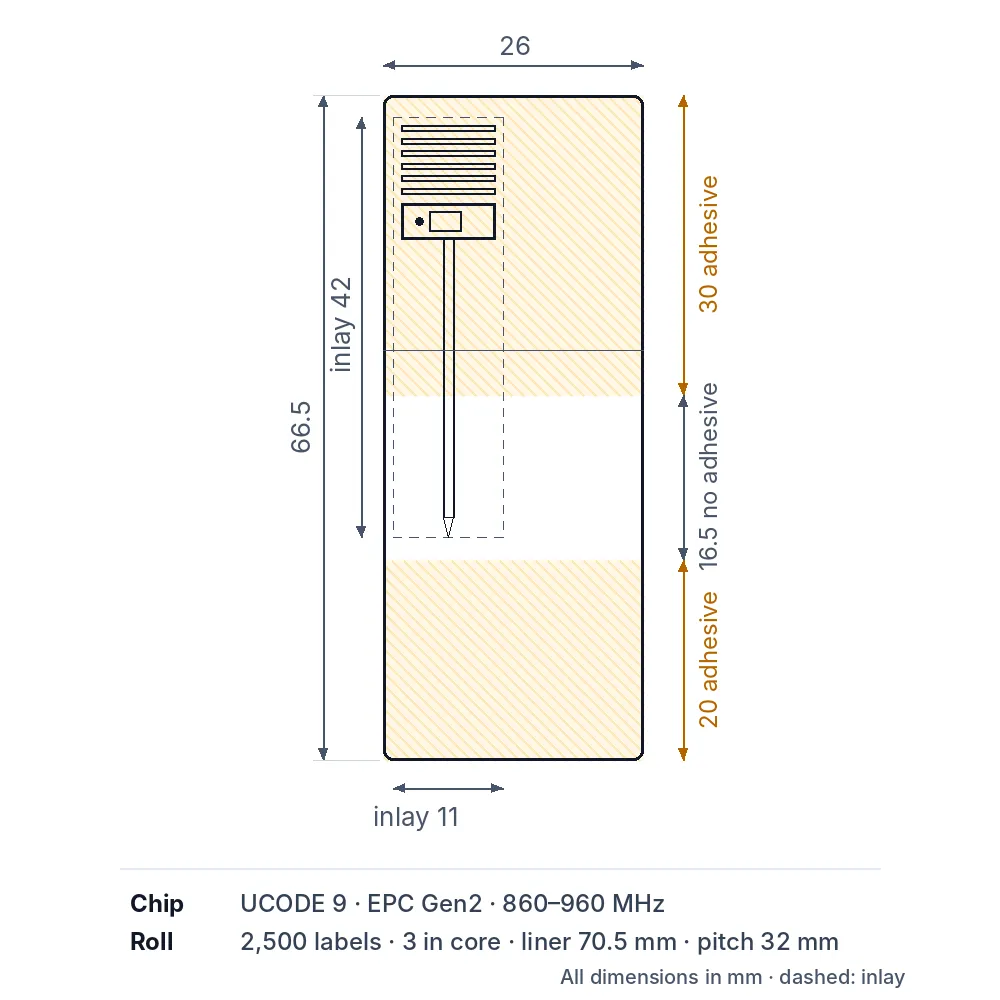 Irys UHF RFID Jewellery Label IRYS-U9-6626 (66.5 × 26 mm, UCODE 9): specification drawing