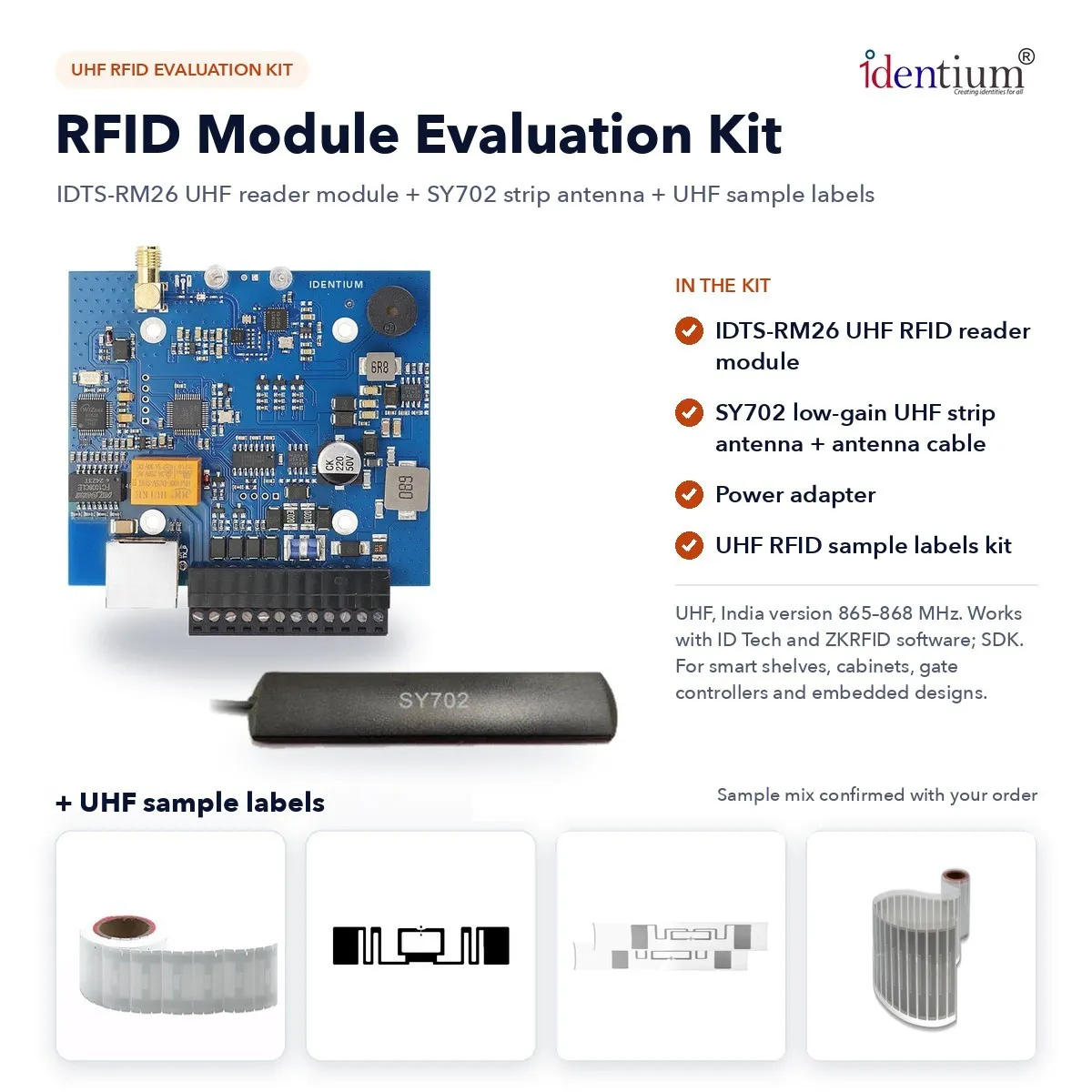 RFID Module Evaluation Kit – RM26 UHF Reader Module + SY702 Antenna + Sample Labels
