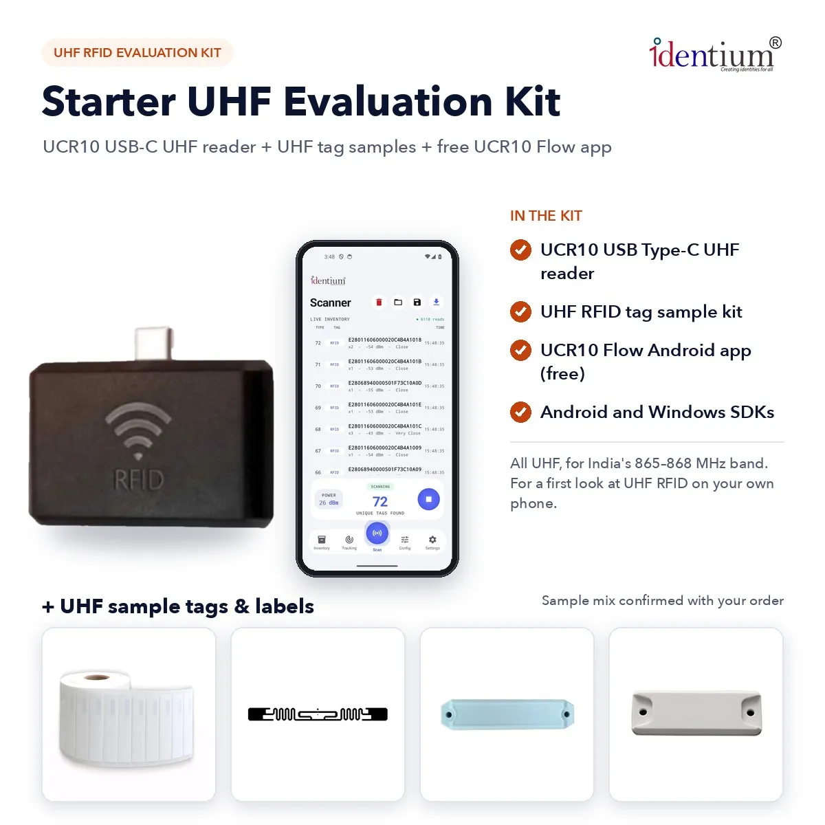 RFID Starter UHF Evaluation Kit – UCR10 USB-C Reader + Tag Samples