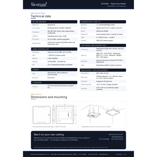 ID-EA500 Edge Array Reader – Ceiling UHF RFID Reader with Integrated 12 dBi Antenna Array & Linux Edge Computer | Impinj E710 ID-EA500 Edge Array Reader – Ceiling UHF RFID Reader with Integrated 12 dBi Antenna Array & Linux Edge Computer | Impinj E710