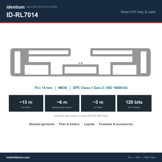 ID-RL7014 Retail UHF RFID Inlay & Label 70x14mm – Stacked Items, Garments, Metal & Liquid Tolerant | M830 ID-RL7014 Retail UHF RFID Inlay & Label 70x14mm – Stacked Items, Garments, Metal & Liquid Tolerant | M830