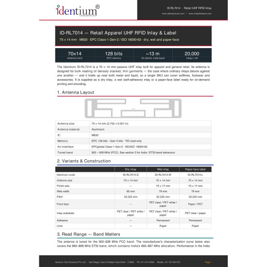 ID-RL7014 Retail UHF RFID Inlay & Label 70x14mm – Stacked Items, Garments, Metal & Liquid Tolerant | M830 ID-RL7014 Retail UHF RFID Inlay & Label 70x14mm – Stacked Items, Garments, Metal & Liquid Tolerant | M830