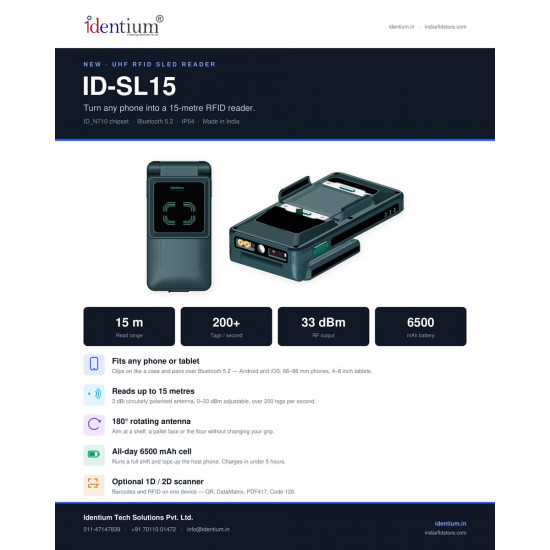 ID-SL15 UHF RFID Sled Reader – 15m Range Bluetooth Handheld for Phones & Tablets | IDentium ID-SL15 UHF RFID Sled Reader – 15m Range Bluetooth Handheld for Phones & Tablets | IDentium