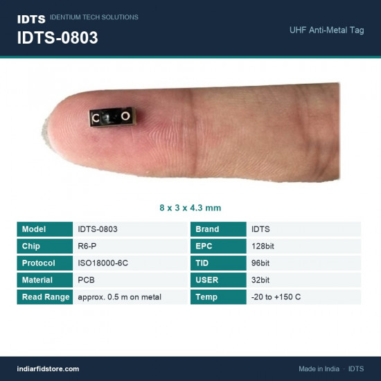 IDTS-0803 Ultra-Miniature UHF On-Metal RFID PCB Tag 8 x 3 x 4.3 mm for Small Tools, Instruments & PCBs IDTS-0803 Ultra-Miniature UHF On-Metal RFID PCB Tag 8 x 3 x 4.3 mm for Small Tools, Instruments & PCBs