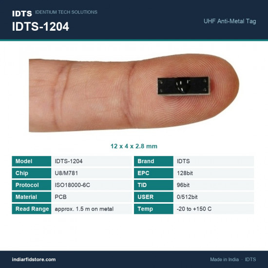 IDTS-1204 UHF On-Metal RFID PCB Tag 12 x 4 x 2.8 mm Anti-Metal Micro Tag for Tools & Electronics IDTS-1204 UHF On-Metal RFID PCB Tag 12 x 4 x 2.8 mm Anti-Metal Micro Tag for Tools & Electronics