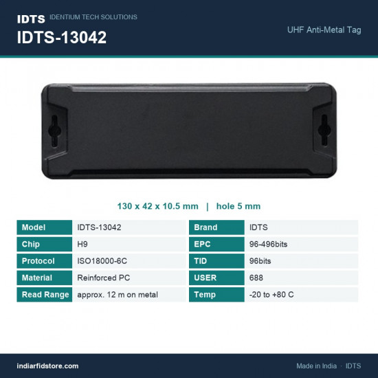 IDTS-13042 UHF On-Metal RFID Tag 130 x 42 mm Reinforced PC Anti-Metal Tag for Racking & Cylinders IDTS-13042 UHF On-Metal RFID Tag 130 x 42 mm Reinforced PC Anti-Metal Tag for Racking & Cylinders