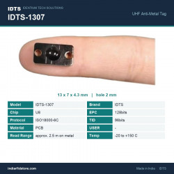 IDTS-1307 UHF On-Metal PCB RFID Tag 13 x 7 mm, +150 C, for Tools, IT Assets & Jigs IDTS-1307 UHF On-Metal PCB RFID Tag 13 x 7 mm, +150 C, for Tools, IT Assets & Jigs
