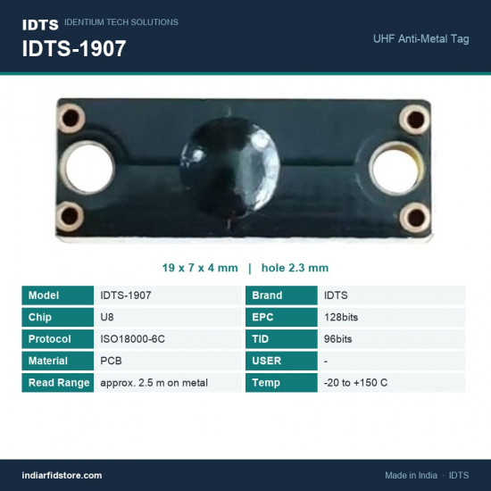 IDTS-1907 UHF On-Metal PCB RFID Tag 19 x 7 x 4 mm | Two-Hole Anti-Metal Tag for Tools, Jigs & Equipment IDTS-1907 UHF On-Metal PCB RFID Tag 19 x 7 x 4 mm | Two-Hole Anti-Metal Tag for Tools, Jigs & Equipment