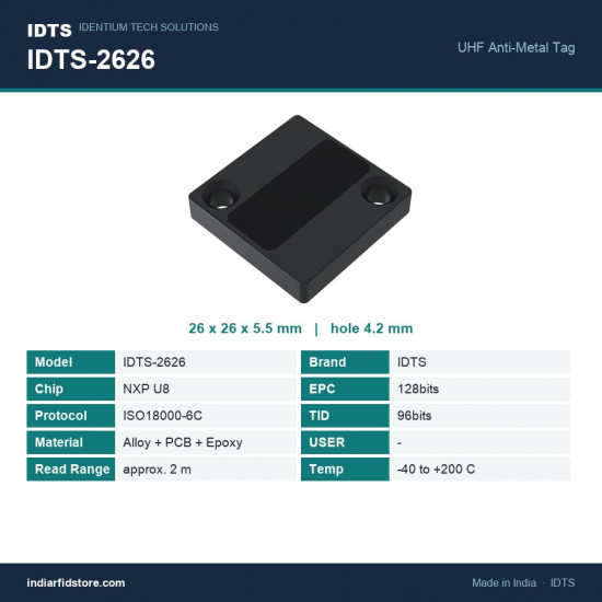 IDTS-2626 UHF On-Metal RFID Tag 26 x 26 mm PCB and Epoxy Screw-Mount High-Temperature Asset Tag IDTS-2626 UHF On-Metal RFID Tag 26 x 26 mm PCB and Epoxy Screw-Mount High-Temperature Asset Tag