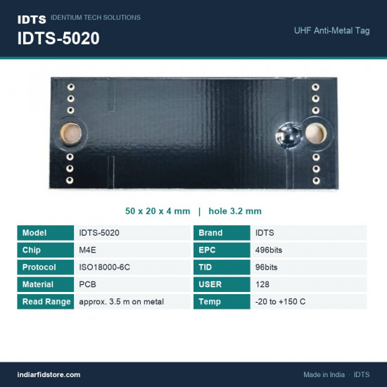 IDTS-5020 UHF On-Metal RFID PCB Tag 50 x 20 x 4 mm, approx. 3.5 m on Metal, Two-Hole Mount IDTS-5020 UHF On-Metal RFID PCB Tag 50 x 20 x 4 mm, approx. 3.5 m on Metal, Two-Hole Mount