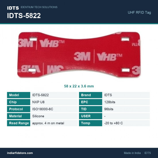 IDTS-5822 Flexible Silicone UHF RFID Tag 58 x 22 x 3.6 mm for Cable, Pipe & Metal Asset Tracking