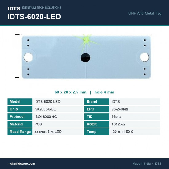 IDTS-6020-LED UHF On-Metal RFID PCB Tag 60x20mm with LED Read Indicator for Asset Tracking