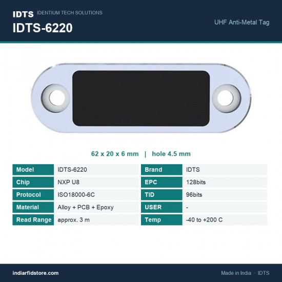 IDTS-6220 UHF On-Metal RFID Tag 62x20x6mm PCB & Epoxy Bar Tag for Cylinders, Tools & Plant Assets IDTS-6220 UHF On-Metal RFID Tag 62x20x6mm PCB & Epoxy Bar Tag for Cylinders, Tools & Plant Assets