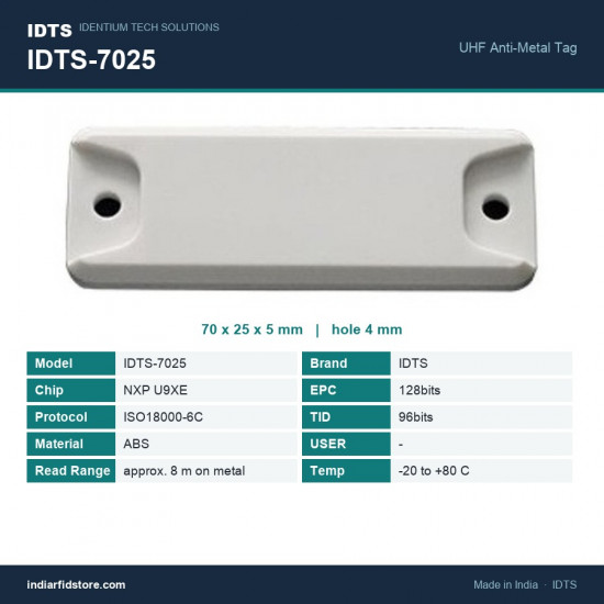 IDTS-7025 UHF On-Metal RFID Tag 70x25x5 mm ABS Anti-Metal Asset Tag for Racks, Panels & Cylinders IDTS-7025 UHF On-Metal RFID Tag 70x25x5 mm ABS Anti-Metal Asset Tag for Racks, Panels & Cylinders