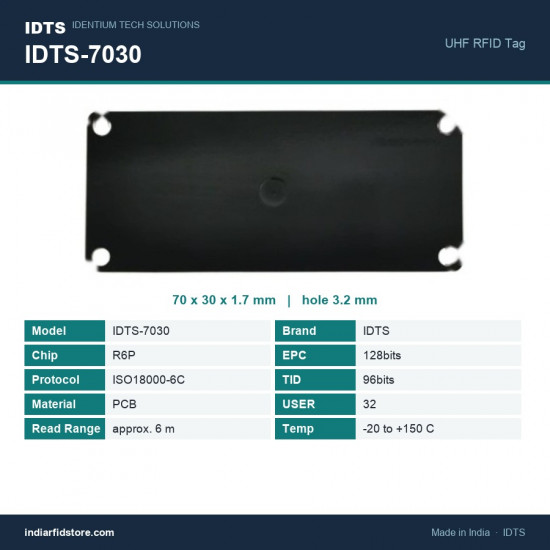 IDTS-7030 UHF RFID PCB Tag 70 x 30 mm, Four Corner Mounting Holes, High-Temperature Asset Tracking