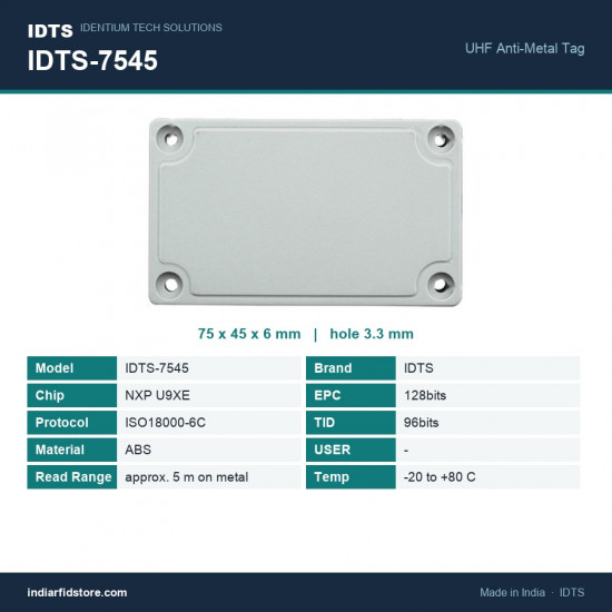 IDTS-7545 UHF On-Metal RFID Tag 75x45x6mm ABS Anti-Metal Asset Tag with 4 Mounting Holes IDTS-7545 UHF On-Metal RFID Tag 75x45x6mm ABS Anti-Metal Asset Tag with 4 Mounting Holes