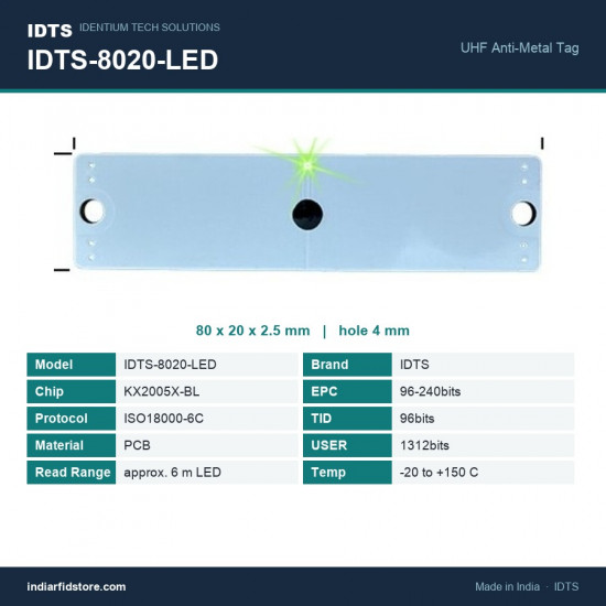 IDTS-8020-LED UHF On-Metal PCB RFID Tag with LED Indicator | 80 x 20 x 2.5 mm | Asset Tracking IDTS-8020-LED UHF On-Metal PCB RFID Tag with LED Indicator | 80 x 20 x 2.5 mm | Asset Tracking
