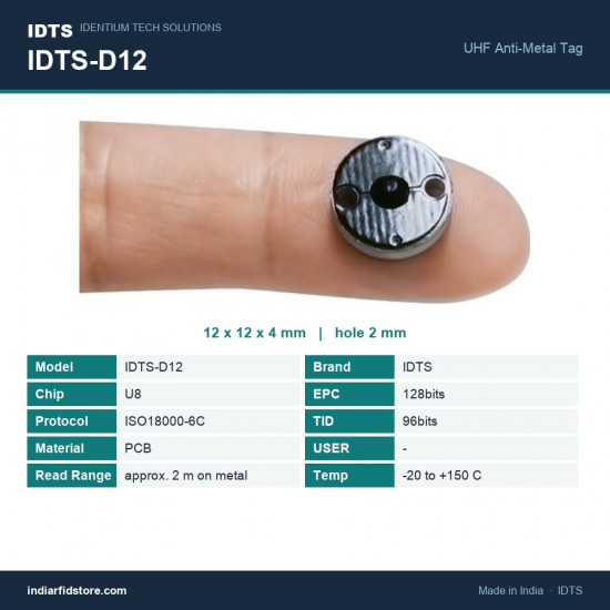 IDTS-D12 12 mm PCB Anti-Metal UHF RFID Tag - 4 mm Thick, 2 mm Screw Holes, Tool & Asset Tracking IDTS-D12 12 mm PCB Anti-Metal UHF RFID Tag - 4 mm Thick, 2 mm Screw Holes, Tool & Asset Tracking