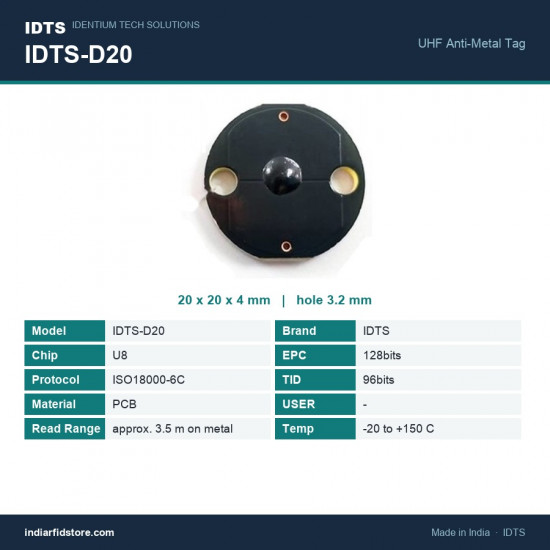 IDTS-D20 20mm Round PCB On-Metal UHF RFID Tag, 3.5m on Metal, Screw-Mount Asset & Tool Tracking