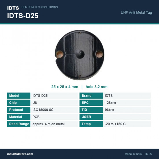 IDTS-D25 25 mm Round PCB On-Metal UHF RFID Disc Tag, 4 mm Thick, Two Mounting Holes, Asset Tracking