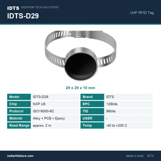 IDTS-D29 UHF RFID Pipe Tag - 29mm Metal Alloy + PCB + Epoxy Disc on Stainless Steel Worm-Drive Clamp