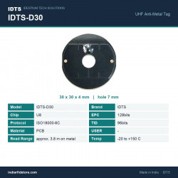 IDTS-D30 UHF On-Metal RFID Tag - 30 mm Round PCB Disc, 7 mm Central Hole, Metal Asset & Cylinder Tracking IDTS-D30 UHF On-Metal RFID Tag - 30 mm Round PCB Disc, 7 mm Central Hole, Metal Asset & Cylinder Tracking