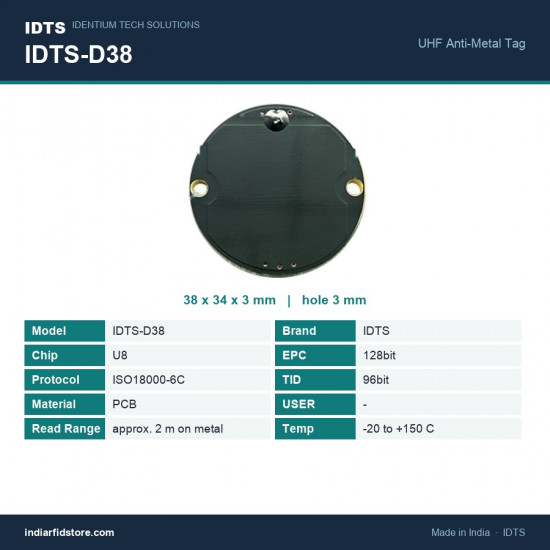IDTS-D38 UHF On-Metal RFID PCB Tag 38 x 34 x 3 mm Round Disc for Tool & Equipment Tracking IDTS-D38 UHF On-Metal RFID PCB Tag 38 x 34 x 3 mm Round Disc for Tool & Equipment Tracking