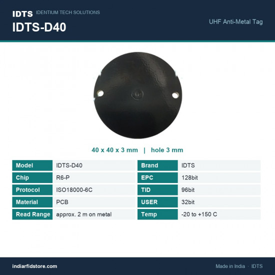 IDTS-D40 40mm Round PCB On-Metal UHF RFID Tag, 3mm Thick, Two-Hole Mount for Equipment & Asset Tracking