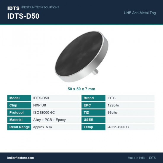 IDTS-D50 50mm Anti-Metal UHF RFID Tag, Threaded Stud – Metal Alloy + PCB + Epoxy, Cylinders & Moulds IDTS-D50 50mm Anti-Metal UHF RFID Tag, Threaded Stud – Metal Alloy + PCB + Epoxy, Cylinders & Moulds