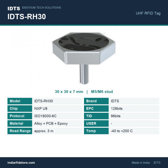 IDTS-RH30 UHF RFID Bolt Tag 30mm Hex Head, Metal Alloy + PCB + Epoxy, M5/M6 Stud, High-Temp Assets IDTS-RH30 UHF RFID Bolt Tag 30mm Hex Head, Metal Alloy + PCB + Epoxy, M5/M6 Stud, High-Temp Assets