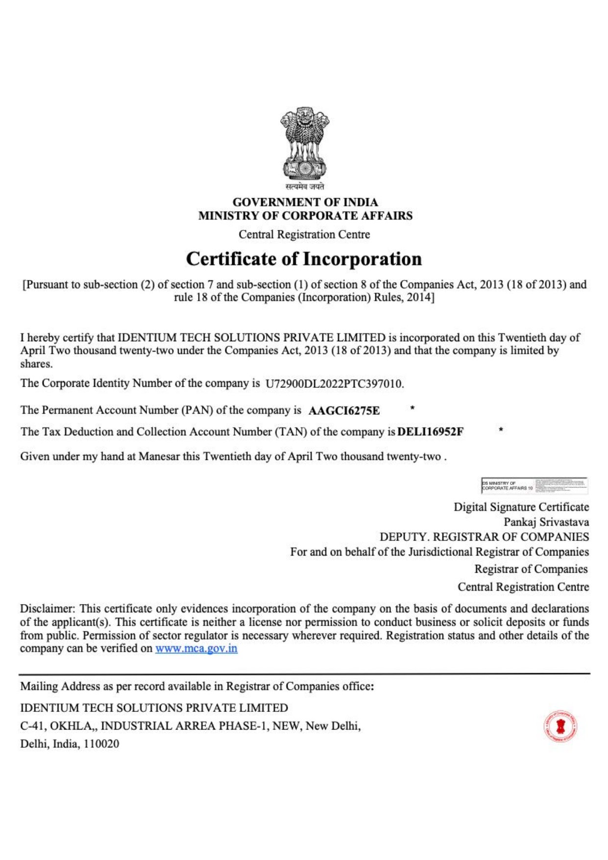CIN - Certificate of Incorporation - IDentium Technologies