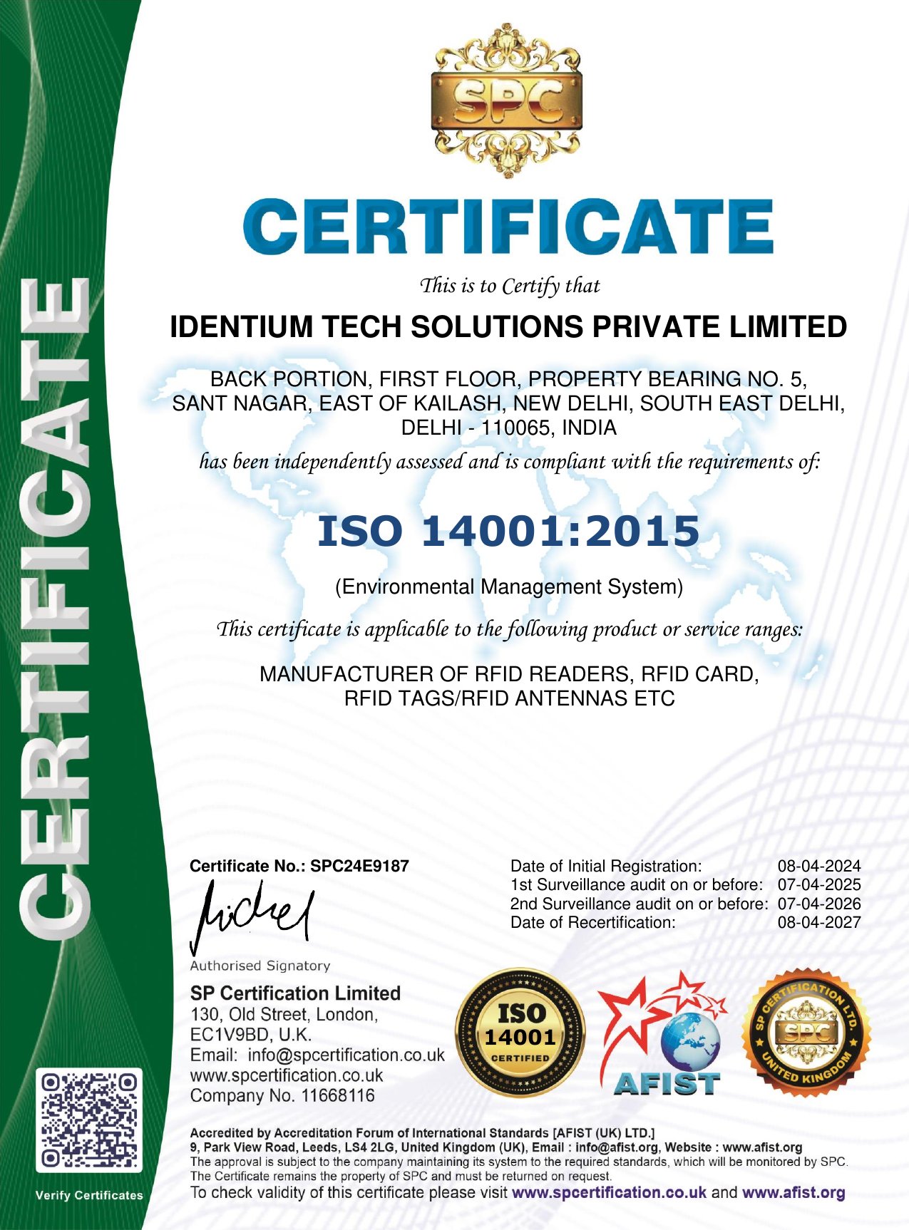 ISO 14001:2015 Certificate - IDentium Technologies