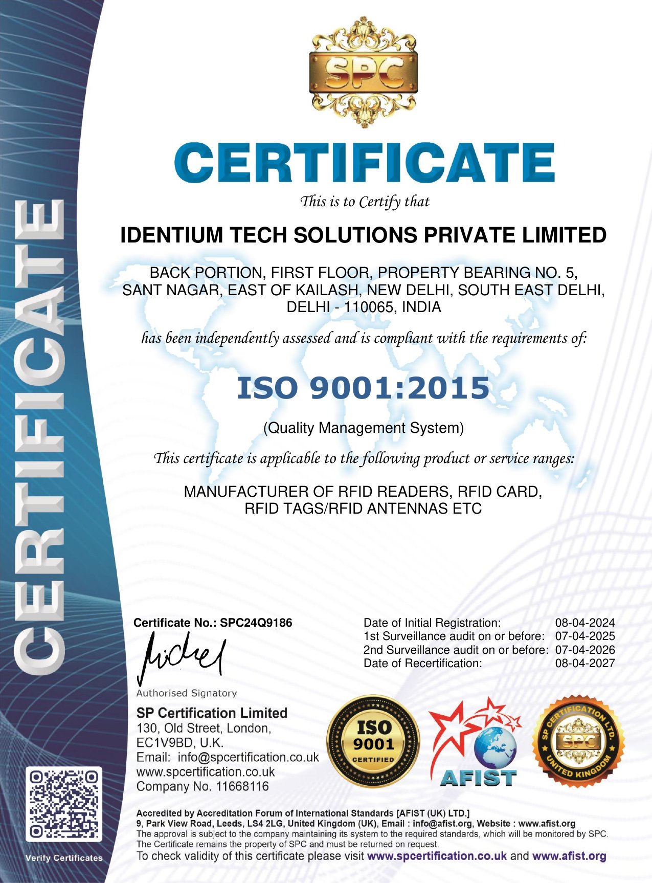 ISO 9001:2015 Certificate - IDentium Technologies